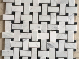 Carrara White Marble Basketweave Mosaic Tile Black Dots 1x2 Polished