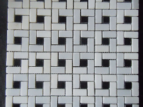 Carrara White Pinwheel Tumbled Mosaic with Black Dot